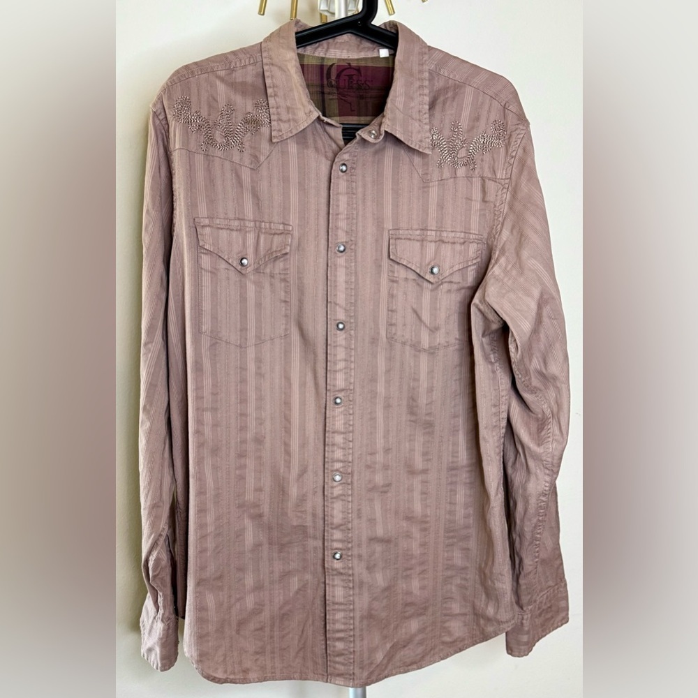 Guess Men’s Western shirt striped embroidered front/back shoulder pearl snaps L